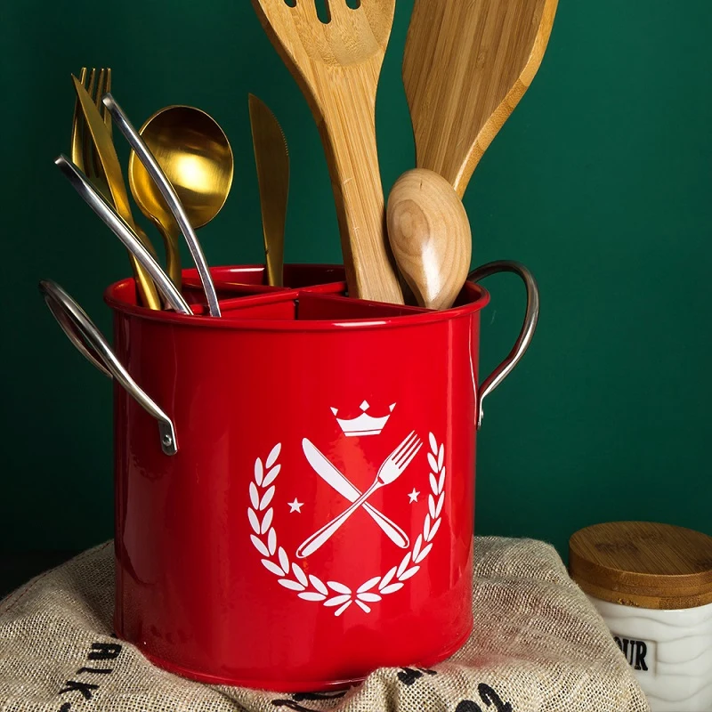 

1Pcs Family Utensils Separate Storage Chopsticks Barrel Drain Storage Box Partition Bucket Kitchen Tool Bucket Handle Red