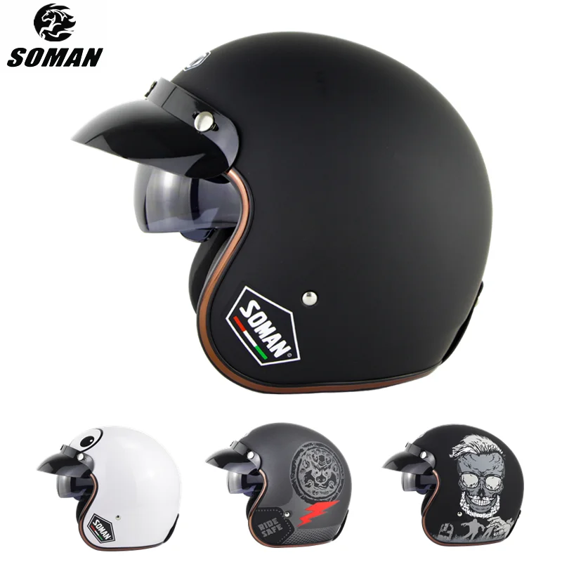SOMAN Summer Open Face Helmet Vintage Cool Printed Dot Half Face Casco De Moto Scooter Motorad Helm Retro Helmet Motorcycle Kask