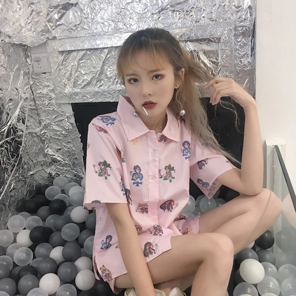 Сейлор Мун розовый короткий рукав рубашки Harajuku футболка женская одежда косплей милые кавайные Топы отложной воротник мультфильм футболка