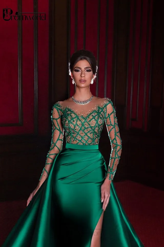 Abiti da sera eleganti a sirena 2021 abito formale verde smeraldo maniche  lunghe lunghe raso Sexy spacco perle perline abiti da ballo per  feste|Evening Dresses| - AliExpress