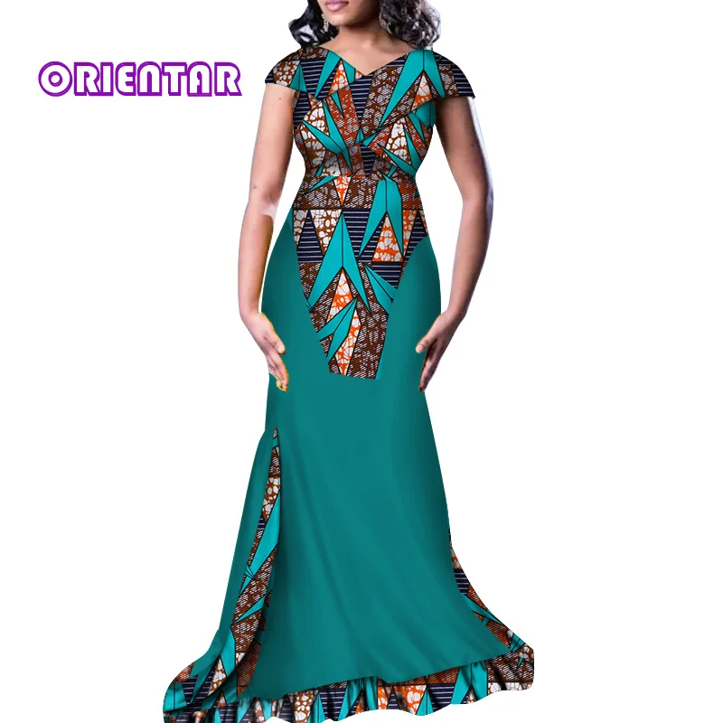 Элегантные африканские платья для женщин с v-образным вырезом Длинное Макси платье Африканский принт хлопок лоскутное вечернее платье индивидуальный заказ WY3442