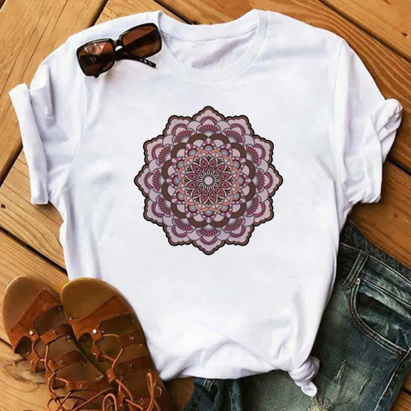 Maycaur New Mandala Floral Printed T Shirt Women Casual Fashion T-shirt Loose Short Sleeve 90s Girls Aesthetics Black Tshirt Top cheap graphic tees Tees