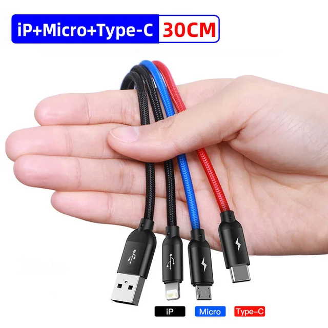 Baseus 3 in 1 USB Cable Type C Cable for Samsung S20 Xiaomi Mi 9 Cable for iPhone 12 X 11 Pro Max Huawei Charger Micro USB Cable 3 in 1 Cable 30cm