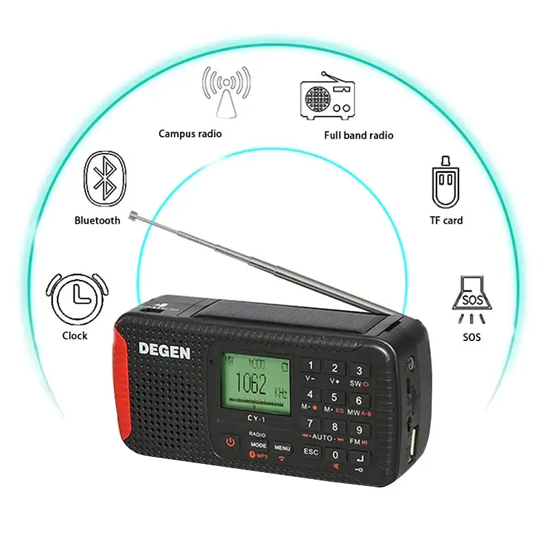 Rádio de Emergência Rádio de Ondas Gravador de Rádio Degen sw Dínamo Despertador Solar Curtas Lcd Sos Bluetooth Mp3 Portátil Cy-1 fm - mw - Image 4