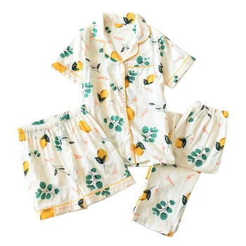 

Fresh 3pcs suits pajamas sets women pyjamas Summer short sleeve 100% gauze cotton sleepwear women Korea shorts sleepwear