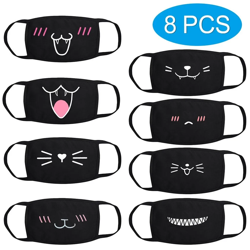 

Face Masks Cute Print Black Cotton Thick Breathable Coldproof Dust Mask Set 8pcs Masks For Germ Protection