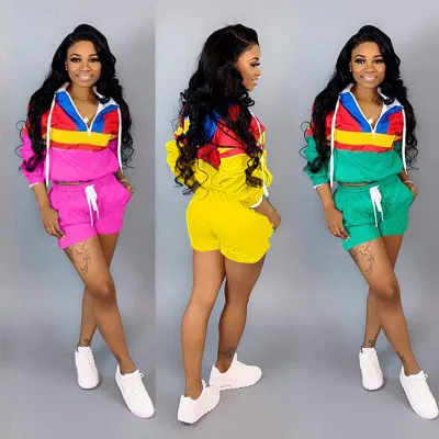 

2019 hot Zipper Up Patchwork Long Sleeve Trench Shorts Drawstring Suit 2 Piece Set Sporting Safari Tracksuit Outfit 5 Colors