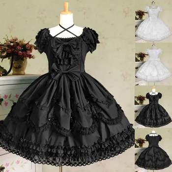 

Fashion Women Vintage Gothic Bow Lace Flounce Long Sleeve Patchwork Dress Party Dress vestidos ropa mujer платье LS 1219