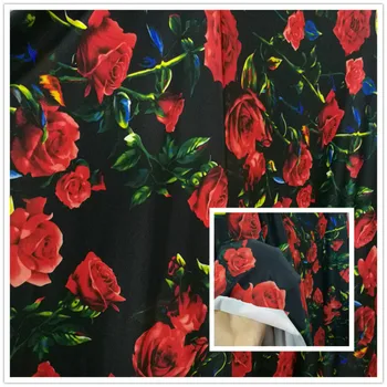

Black white bottom red rose flower milk silk printed cloth fabric for sewing latin dance dress DIY homedecor table cloth 1Meter