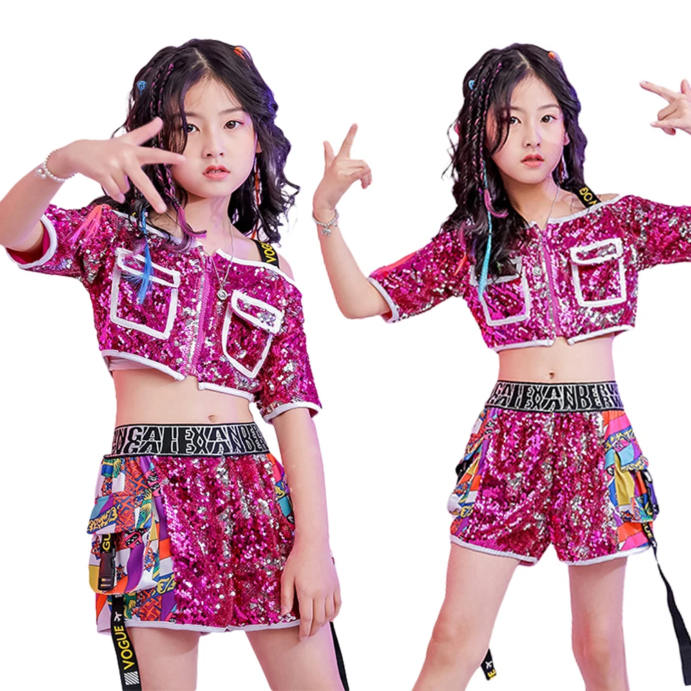 Lolanta 2Pcs Kids Glitter Viola-Rosso Paillettes Crop Top Shorts Set Moda Per Bambini Hip Hop Dance Stage Performance Wear