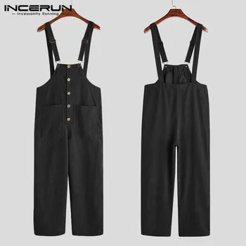 

INCERUN 2020 Fashion Men Corduroy Jumpsuits Loose Solid Bib Pants Button Overalls Pockets Streetwear Casual Men Suspenders S-5XL
