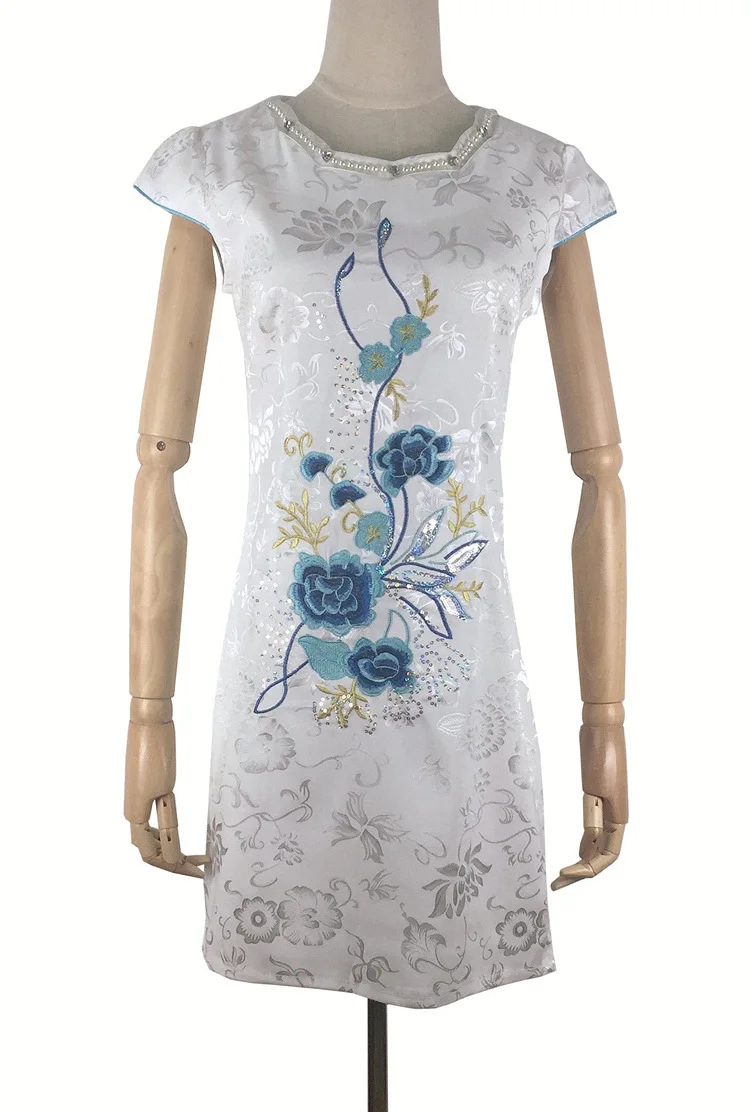 Summer New Style Women's Modern Improved Cheongsam Slim Fit Slimming Beads Crew Neck Short Sleeve Embroidery Cheongsam Dress
