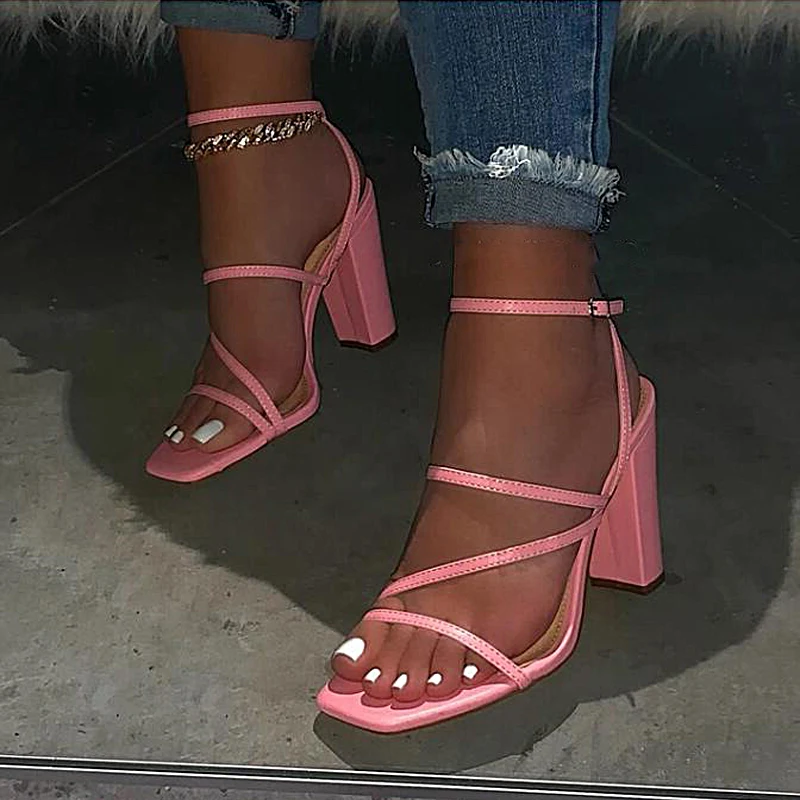 Womens High Heels Woman Sandals Plus Size 2021 Summer Women Narrow Band Buckle Pumps Ladies Square Toe Footwear Female Shoes