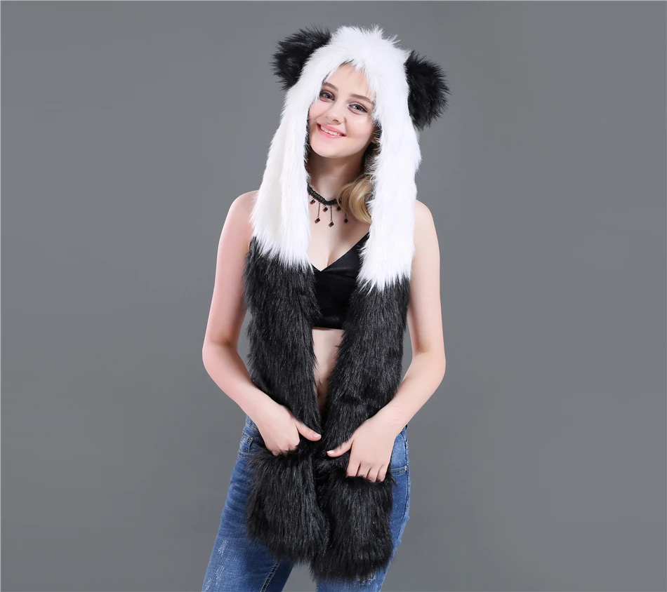 Популярные женские теплые шарфы из искусственного меха для зимы Волк тигр Хаски шарф-капюшон набор перчаток шапка для девушек Животные Дух шапки - Цвет: Panda