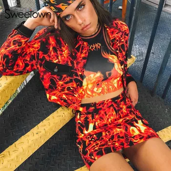 

New Sexy Punk Gothic Flaming Fire Print Two Piece Set Bomber Crop Jacket And Skirt Tracksuit Women Club Outfits Set Streetwear