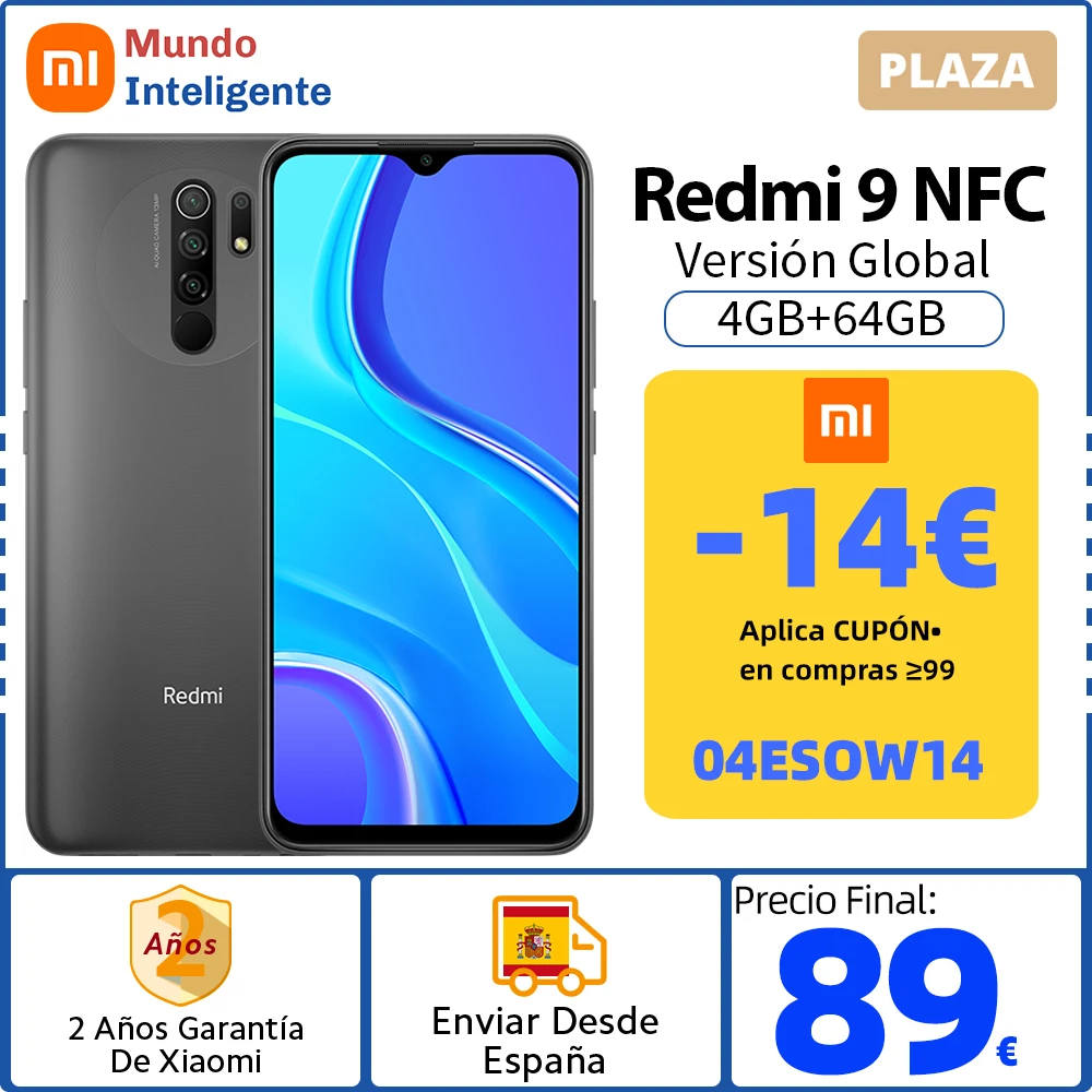 -14€ Código: 04ESOW14 ,Xiaomi Redmi 9-teléfono inteligente Redmi9, versión Global, 3GB, 32GB/4GB, 64GB, Helio G80, ocho núcleos, pantalla de 6,53 pulgadas, 5020mAh, cámara cuádruple de 13MP