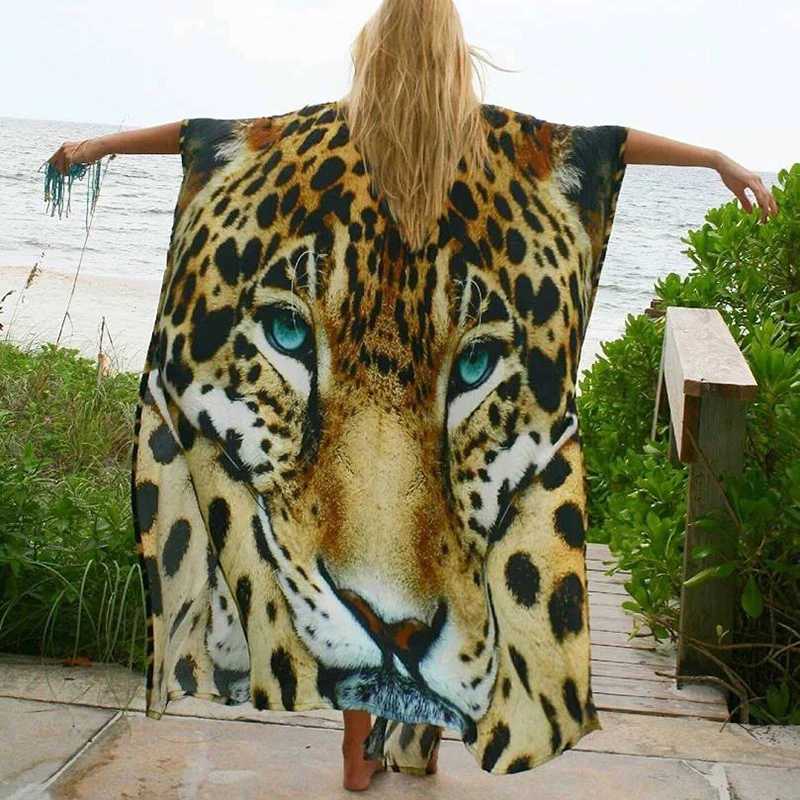 

Bikini Cover-ups Sexy Tiger Pattern Print Kimono 2020 Robe Plage Swimsuit Cover up Boho Loose Long Cardigan Beachwear Tunics