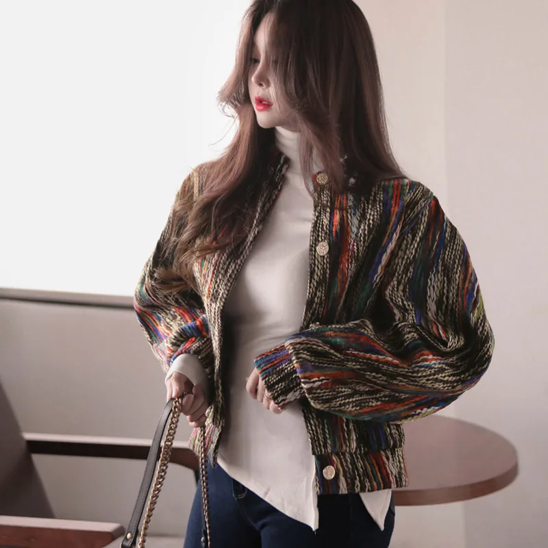 Корейский цветной полосатый кашемировый Бомбер, женские осенние куртки, женская короткая куртка, Chaqueta Mujer, короткое пальто, верхняя одежда, Veste Femme