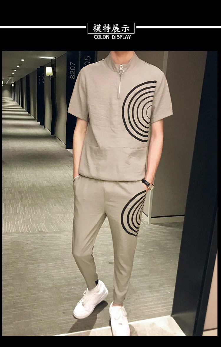 Zomer Chinese Stijl Effen Kleur Erkek Giyim Mode уличная одежда Ropa De Hombre комплект Mannen футболка+ Broek комплект из 2 предметов heren Kleding