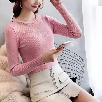 

Comfort Women Sweater Autumn Solid Color Lace Stitching Slim Long Sleeved Round Collar Slim Bottom Knit Sweater Pullover*