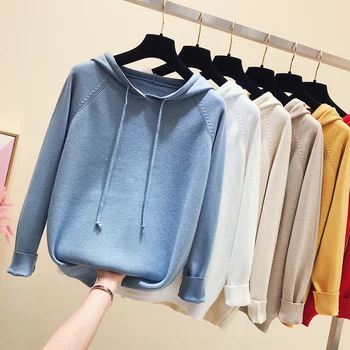 

2020 Spring Autumn Women Pure Color Long Sleeve Hooded Knitted Sweater Student Girls Casual Pullover Knit Shirt Knitwear Tops