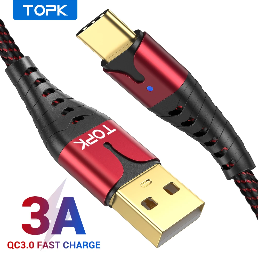 TOPK LED 3A USB Type C кабель для быстрой зарядки Samsung S10 мобильный телефон зарядного