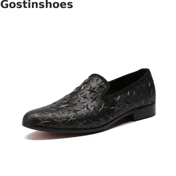 

Fashion Men Loafers Black Genuine Leather Stars Printed Men Casual Shoes Low Heel Slip-on Pointed Toe Leisure Leather Shoes Men