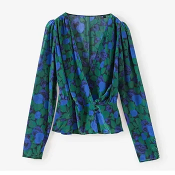

2019 Womens Tops and Blouses Elegant Long Sleeve Blue Green Print Silk V-neck Blouse Shirt Women