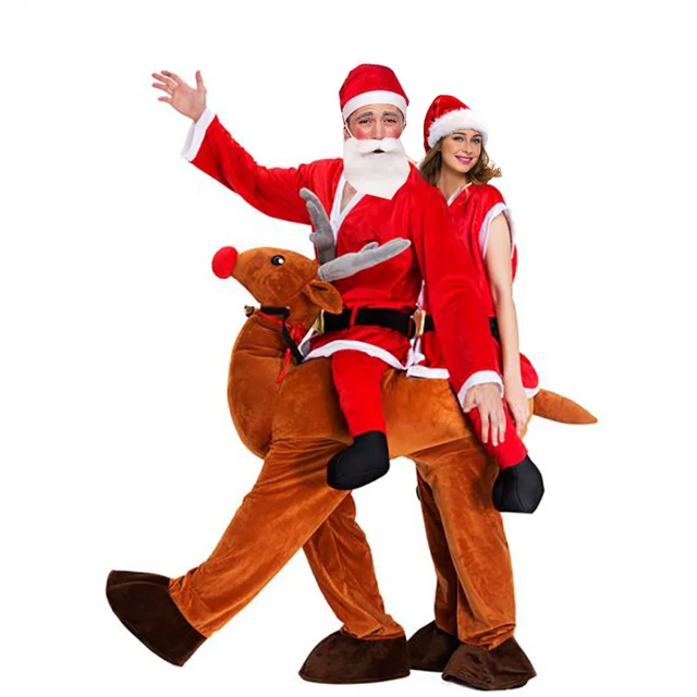 Christmas Santa Claus Ride On Reindeer Mascot Costume Couple Christmas Cosplay Double Person Elk Animal Funny Dress Novelty Toys 2