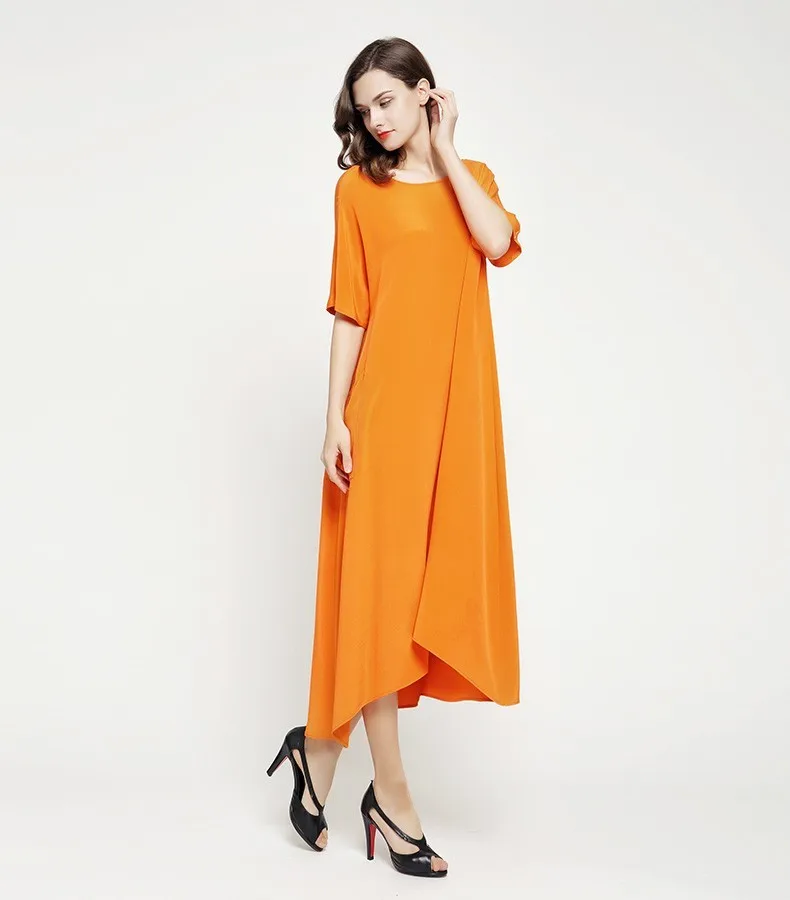 Voa 2020 Summer Orange Loose Brief Casual Heavy Silk Long Plus Size O-neck Short Sleeve Leisure Women Maxi Dress A7065