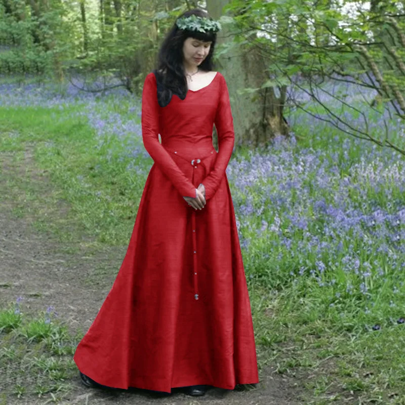 Классические средневековые европейские вечерние платья с длинными рукавами и круглым вырезом синего цвета 5XL