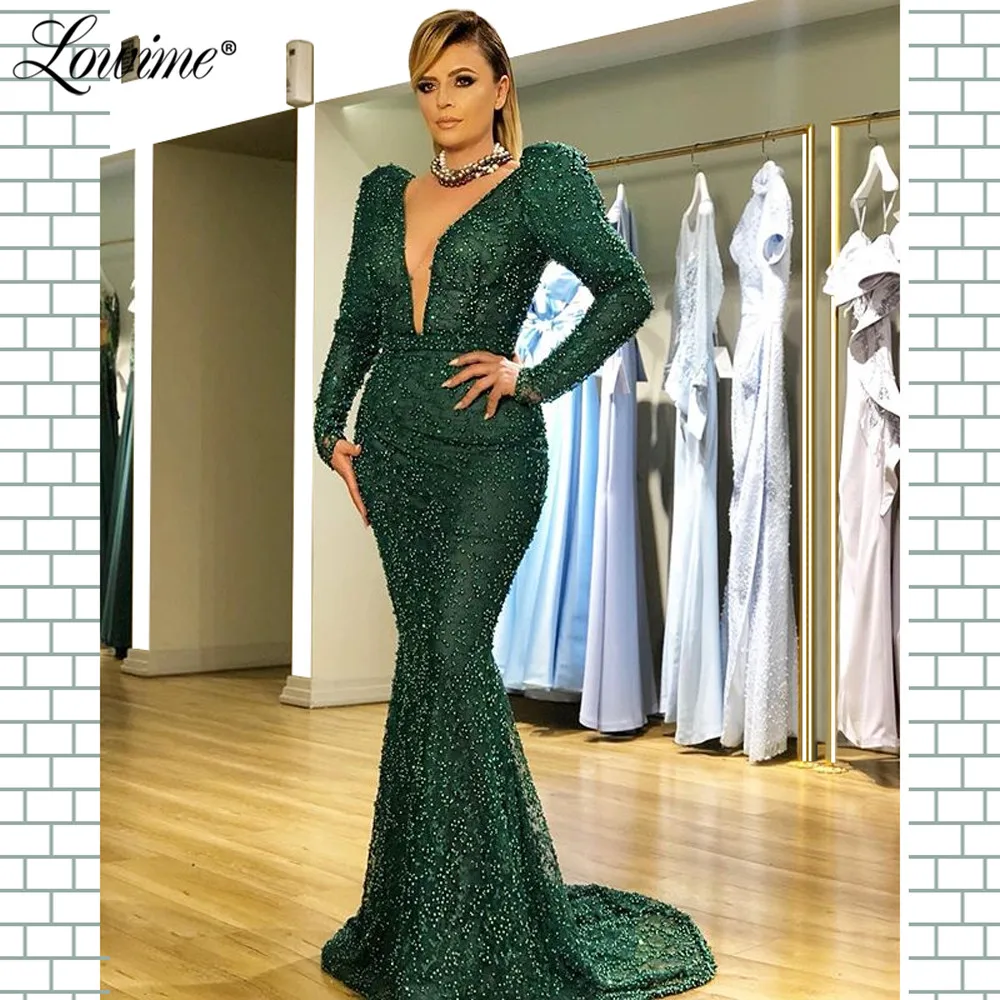 

Beading Green Mermaid Evening Dress Deep V Neck Sexy Party Dresses Vestido De Festa Long Sleeves Formal Prom Gowns 2019 Custom