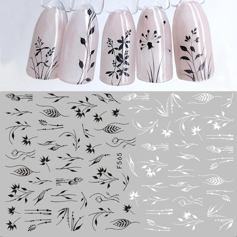 

1pcs Nail Art Sticker Decals Black White Flower Strip Line...Design Sticker Decal 10-Option (F564-573) Adhesive 3D Nail Stickers