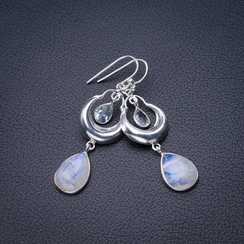 

StarGems Natural Rainbow Moonstone And White Topaz Handmade 925 Sterling Silver Earrings 2" D6540