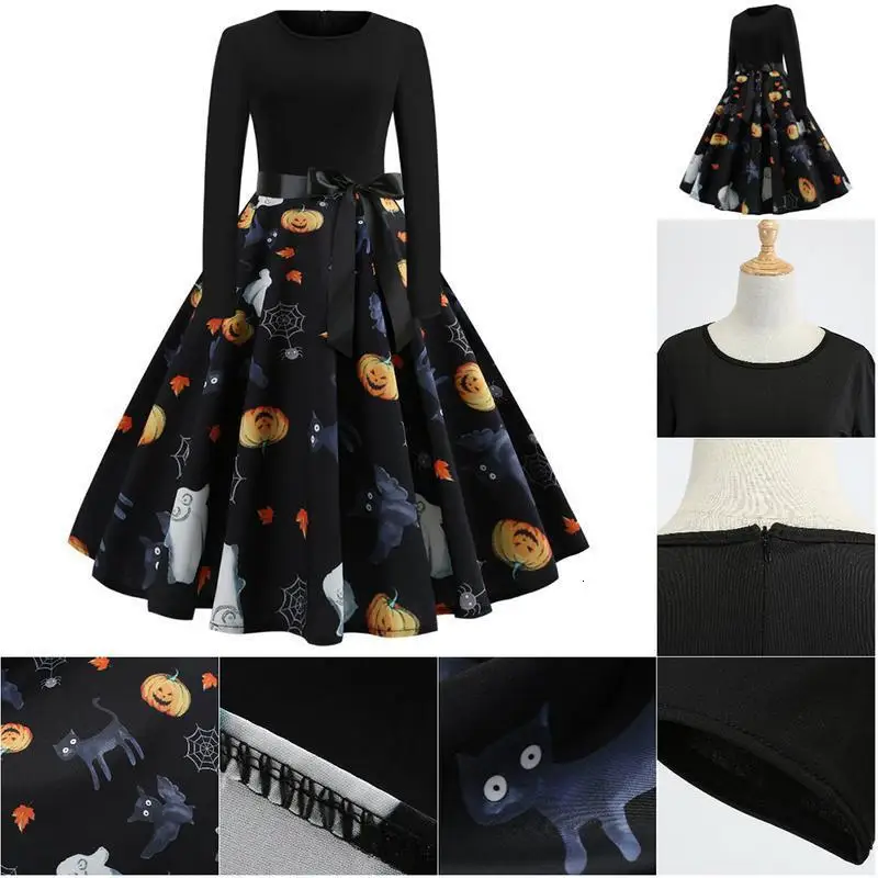 Горячая покупка пальцев женщин Хэллоуин платье с тыквами головы отпечатков