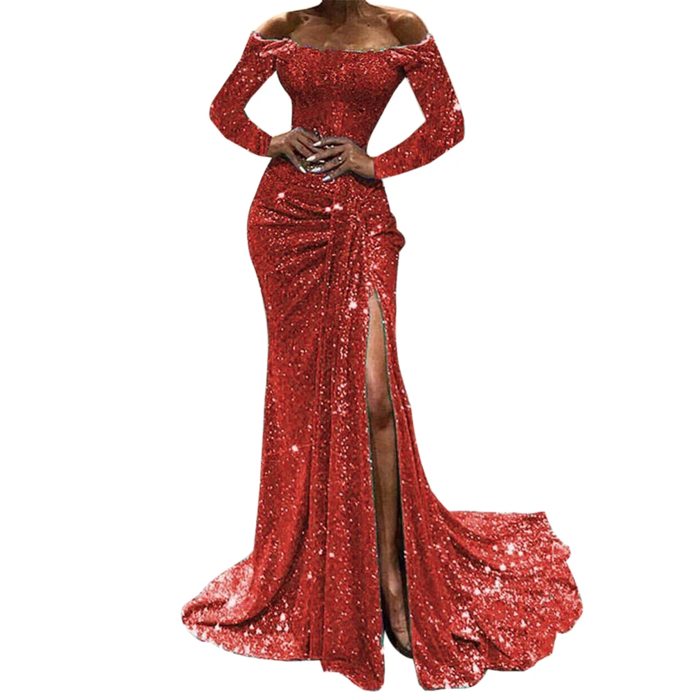 A red Фсти сверкающие зимние кружевные Bodycon блестящий тонкий длинный рукав Вечерние вечернее платье с цветочным украшением в виде Для женщин Осень ночной Разделение сексуальная одежда - Цвет: A red