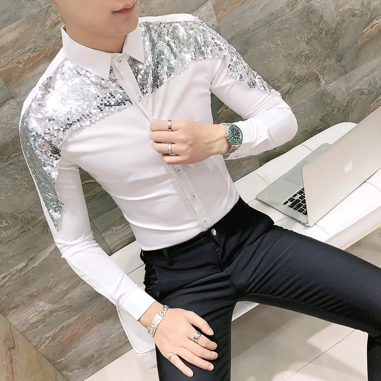 Brand Slim Fit Men Shirt Korean Fashion Paillette Shirt Long Sleeve Casual Shirts Night Club Party Prom Dress Shirt camisa
