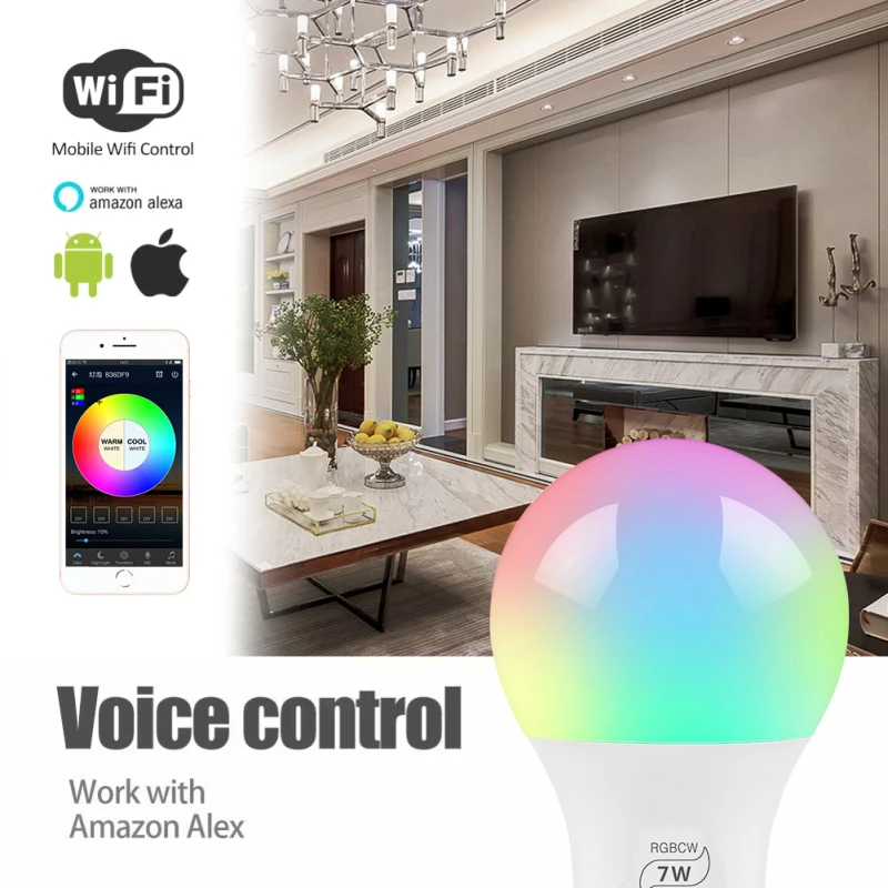 1/2/3/4/5/6/7/8/10 шт. E27 wifi-патрон, умный свет лампы с регулируемой яркостью многоцветный Wake-Up RGBWW светодиодный лампа работает с Amazon Alexa Google Home