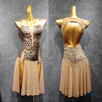 

New Latin Dance Dress Ladies Sexy Sleeveless Leopard Print Leopard Split Performance Clothing Rumba Cha Cha Samba Salsa DN5537