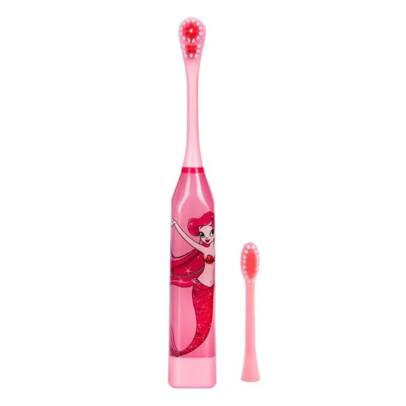 Электрическая зубная щетка с мультяшным рисунком двухсторонняя Водонепроницаемая зубная щетка для чистки полости рта для детей с сменной головкой 2 шт - Цвет: Розовый