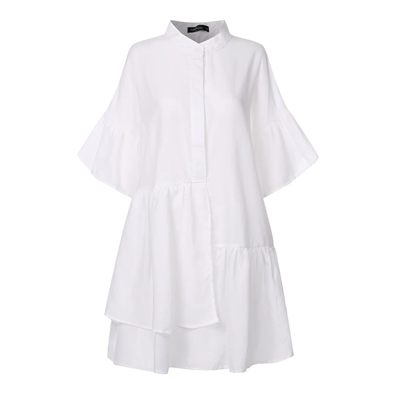 Женское летнее Мини-Платье С Рюшами, сексуальное Повседневное платье с v-образным вырезом, плиссированное платье-рубашка, вечерние пляжные платья размера плюс - Цвет: Белый
