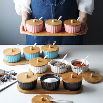 

Ceramic Spice Jar Nordic Salt MSG Seasoning Box Set Kitchenware Household Seasoning Bottle Three-piece Natural Bamboo Wood Tray