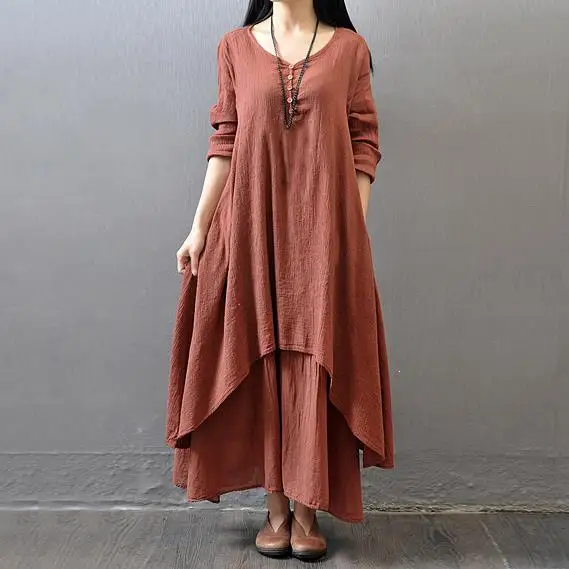 

Spring Summer Women Long Cotton Linen Dress White Plus Size False Maxi Dresses V-Neck Office Casual Loose Dress