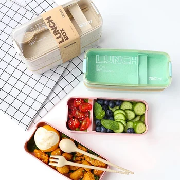 

3 Layer Wheat Straw Bento Boxes 900ml Portable Healthy Material Lunch Box Microwave Dinnerware Food Storage Container Foodbox