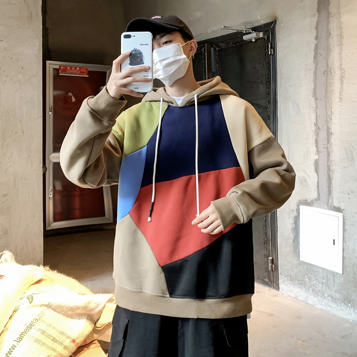 LAPPSTER Men Fleece Patchwork Hooded Hoodies Mens Japanese Streetwear Sweatshirts Korean Harajuku Winter Hip Hop Clothing - Цвет: Khaki