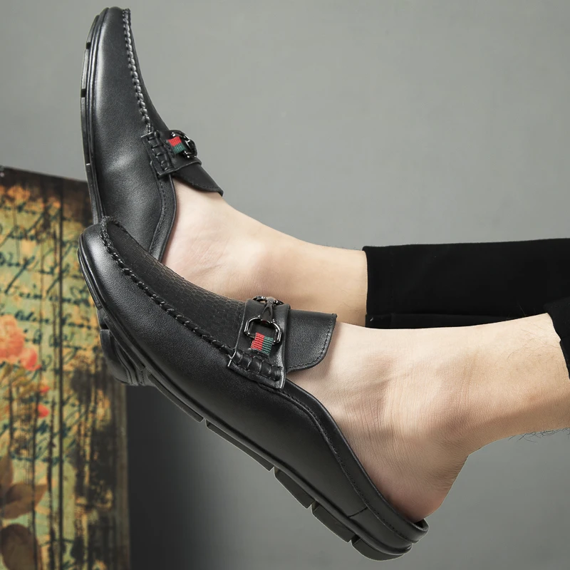 Mocasines de cuero de primera capa para Hombre, calzado informal con la espalda descubierta, cómodo - Imagen 3