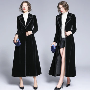 

Fashion Windbreaker Woman Temperament High End Long Sleeve Lapel Collar Covered Buttons Maxi Coat Black Velvet Overcoat Outwear