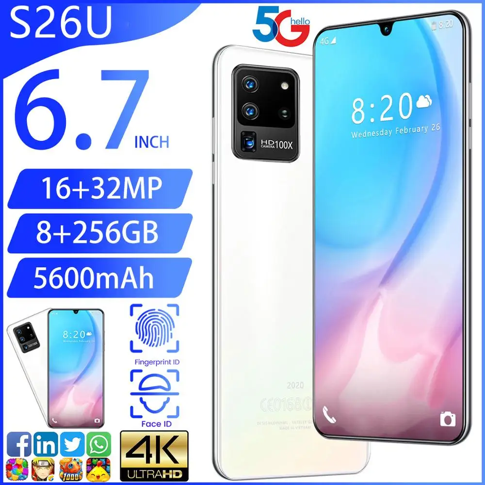 2020 S26U Mobile Phone 6.7 8G RAM 256GB ROM Dual SIM 16MP Front Camera MTK6799 Ten Core OS 5G Cellphones 5600mAh Smartphones