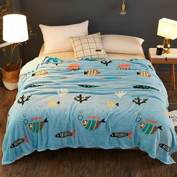 

Blue Flannel Blanket sofa bedding cartoon throw blanket winter soft fish blanket adult twin full queen Good quality thin blanket