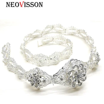 

NEOVISSON Gold Silver Color Flower Caftan Belt Wedding Jewelry Full Rhinestone Metal Chain